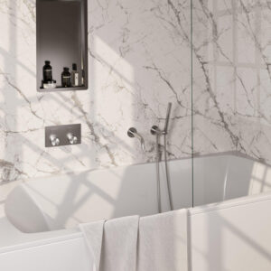 BRAUER Brushed Carving thermostatische inbouw badkraan - drukknoppen SET 03 - uitloop - staaf handdouche - doucheslang - wandaansluitbocht - RVS geborsteld PVD 5-NG-214