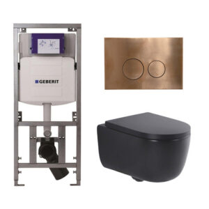 QeramiQ Dely Swirl Toiletset - 36.3x51.7cm - Geberit UP320 Burda inbouwreservoir - 35mm zitting - koperen bedieningsplaat - ronde knoppen - mat zwart 0701131/SW706196/SW1000769/SW106258