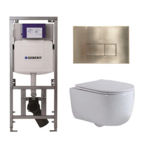 QeramiQ Dely Swirl Toiletset - 36.3x51.7cm - Geberit UP320 Burda inbouwreservoir - slim zitting - geborsteld messing bedieningsplaat - rechthoekige knoppen - wit glans 0701131/SW706201/SW1000766/SW1026256