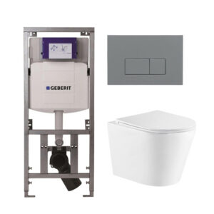 QeramiQ Dely Toiletset - 36.3x51.7cm - diepspoel - rimless - Geberit UP320 Burda inbouwreservoir - softclose toiletzitting - bedieningsplaat licht grijs - rechthoekige knoppen - wit mat SW1000766/0701131/SW1102375/SW1026254