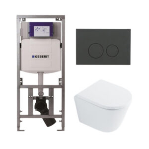 QeramiQ Dely Toiletset - 36.3x51.7cm - diepspoel - rimless - Geberit UP320 inbouwreservoir - softclose toilet zitting 35 mm - bedieningsplaat mat antraciet - ronde knoppen - wit glans SW1026255 / SW1159505/0701131/SW1102376